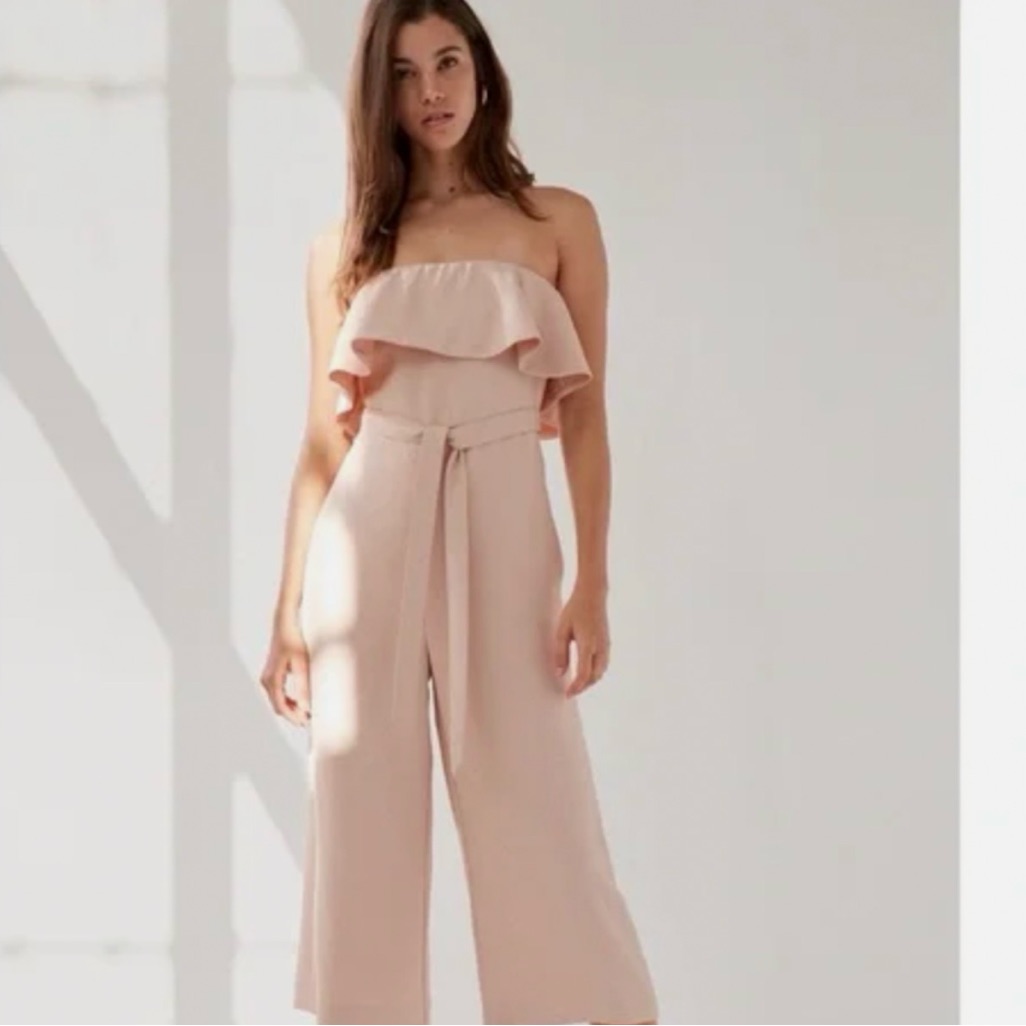 Aritzia Baboton Flutter Strapless Ruffle Crop Jumpsuit Blush Beige